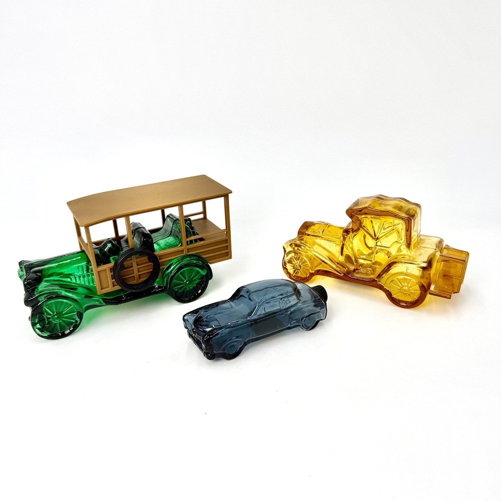 Avon Vintage Glass Car After Shave Bottles Set of 3 Green Amber Blue MCM Decor
